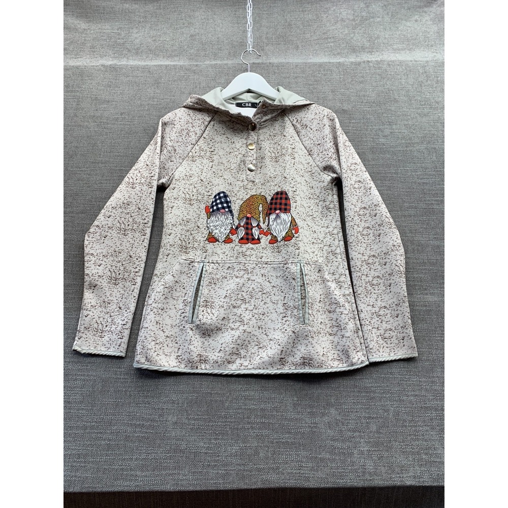 CBR‎ Hoodie Womens Small Light Beige Gnome Graphic Print Speckled Snap Placket